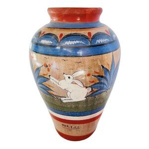 Vintage 40’s Mexican Folk Mexico Art Pottery Bunny White Ornate Vase I.J.J. IJJ